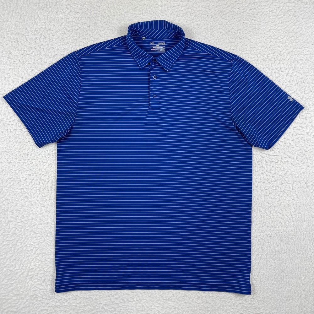 Under Armour Polo Shirt Mens XL Blue Striped HeatGear Short Sleeve Golf Top